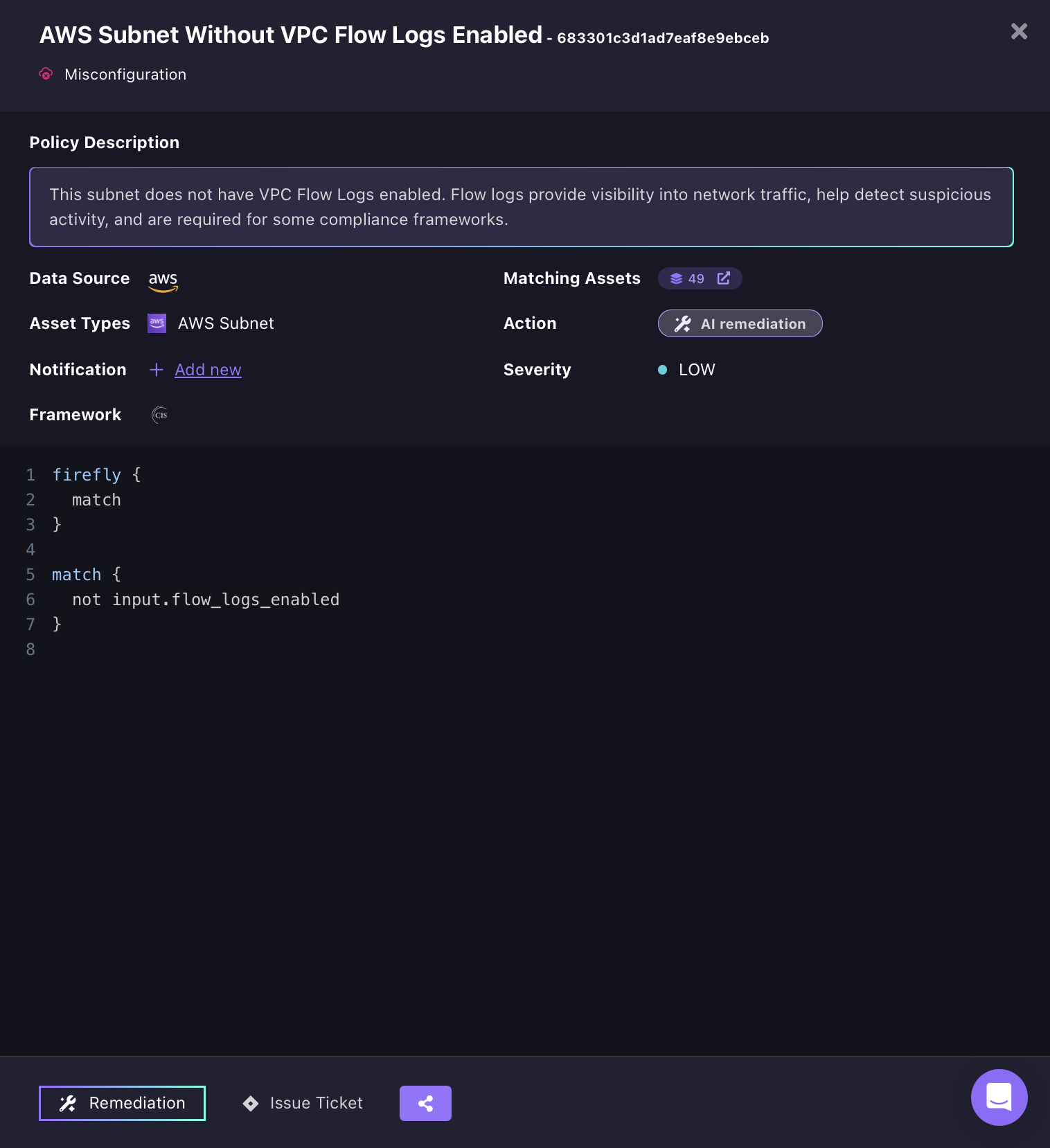 Screenshot of the Firefly policy detail panel for "AWS Subnet Without VPC Flow Logs Enabled," displaying a three-line detection rule in code, 49 matching AWS subnet assets, LOW severity classification under the CIS framework, and an AI remediation action button.