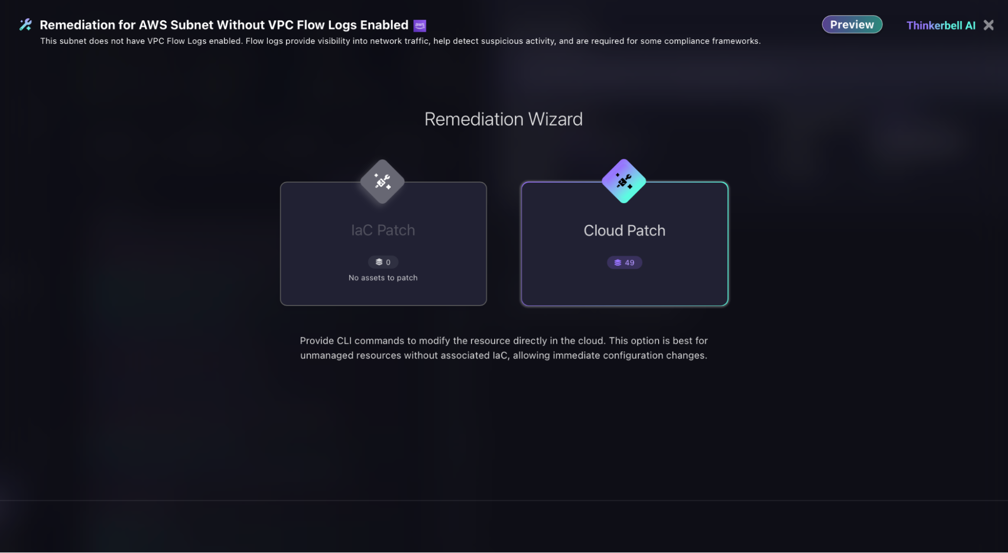 Screenshot of the Firefly Remediation Wizard showing two fix paths for the AWS subnet VPC Flow Logs misconfiguration — IaC Patch with 0 assets for Terraform-managed resources and Cloud Patch with 49 assets for console-created subnets — routing each resource to the appropriate remediation method.