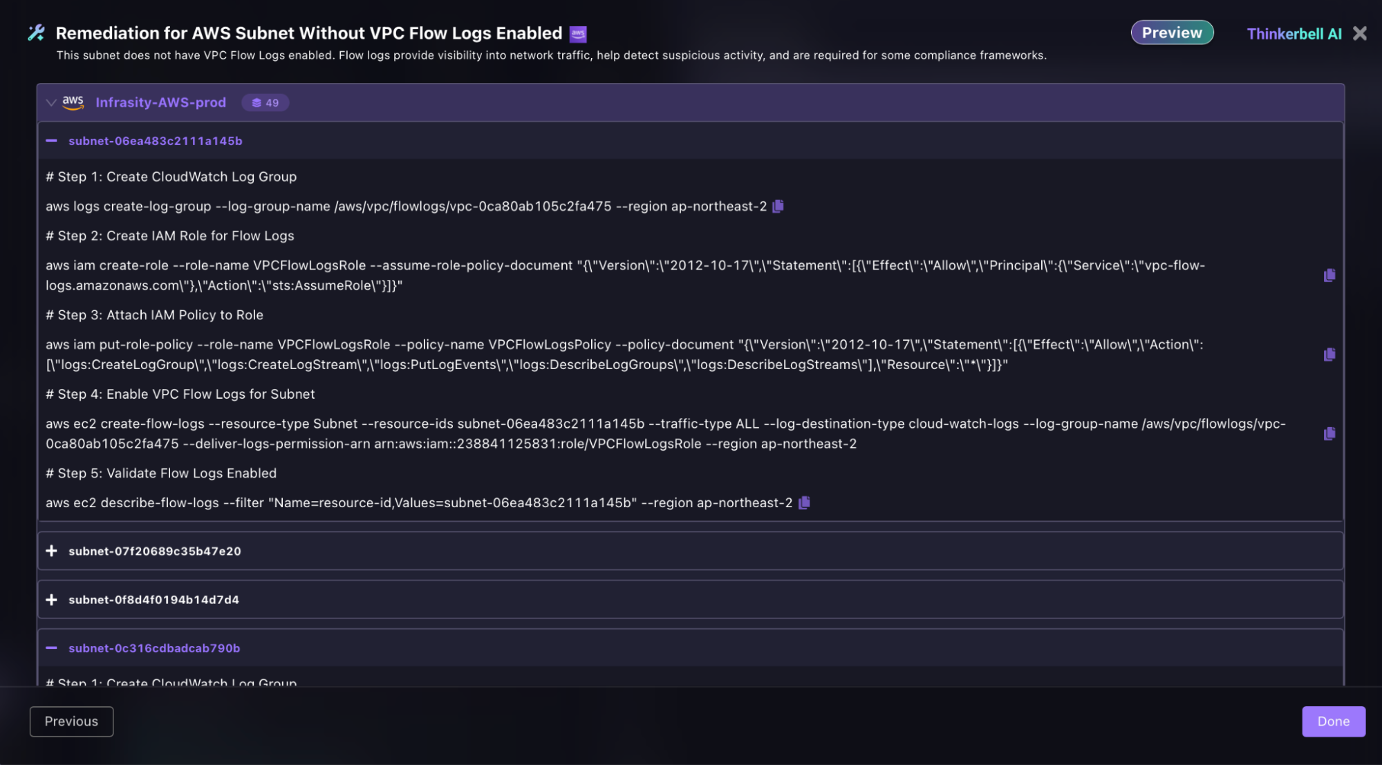 Screenshot of the Firefly Cloud Patch remediation output for subnet-06ea483c2111a145b in ap-northeast-2, displaying five sequential AWS CLI commands covering CloudWatch Log Group creation, IAM role setup, policy attachment, VPC Flow Logs enablement, and validation via aws ec2 describe-flow-logs.