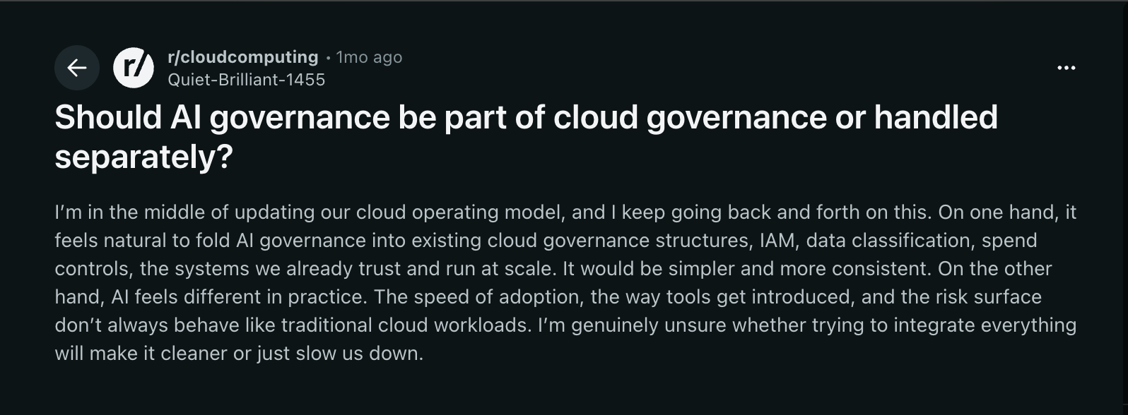Reddit post from r/cloudcomputing asking whether AI governance should be part of cloud governance or handled separately