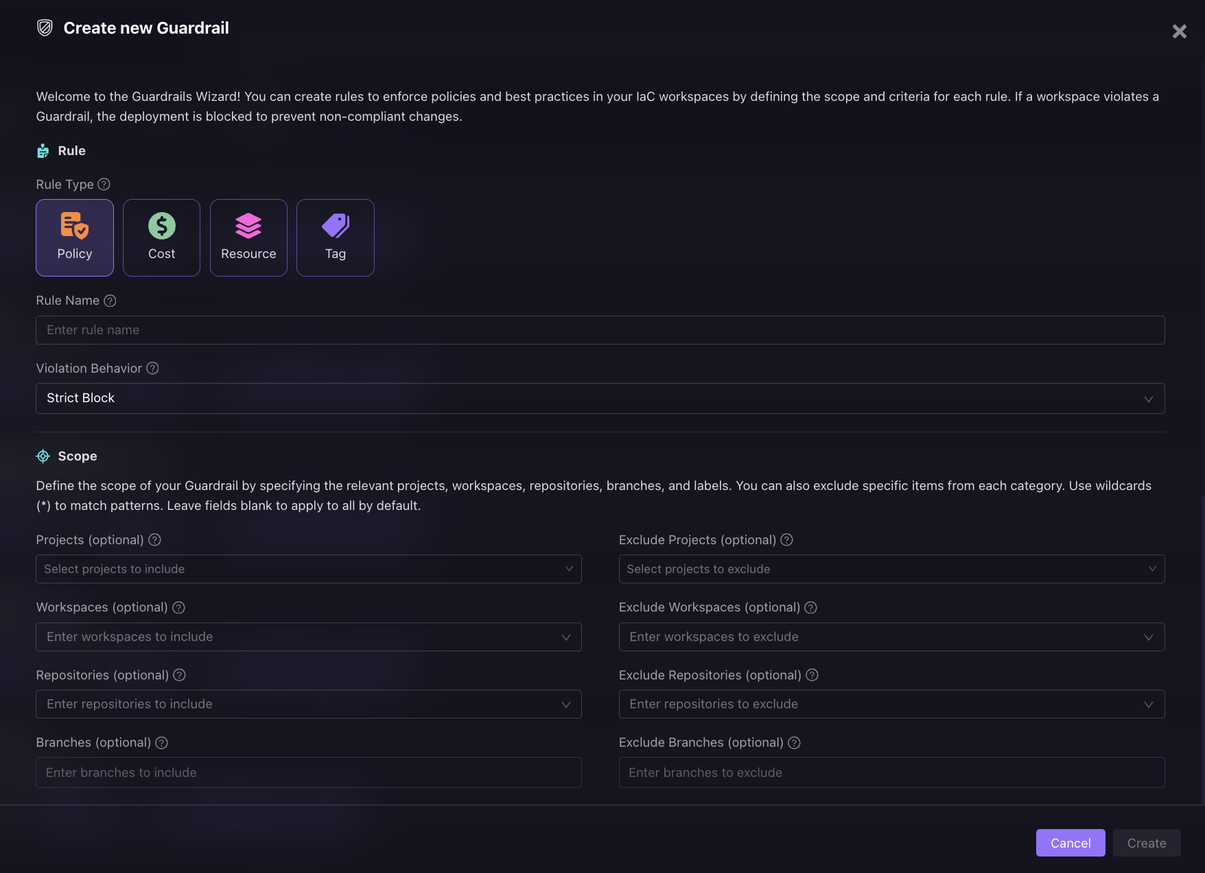 Firefly Guardrails Wizard showing rule type options for Policy, Cost, Resource, and Tag rules with Strict Block violation behavior and scope configuration