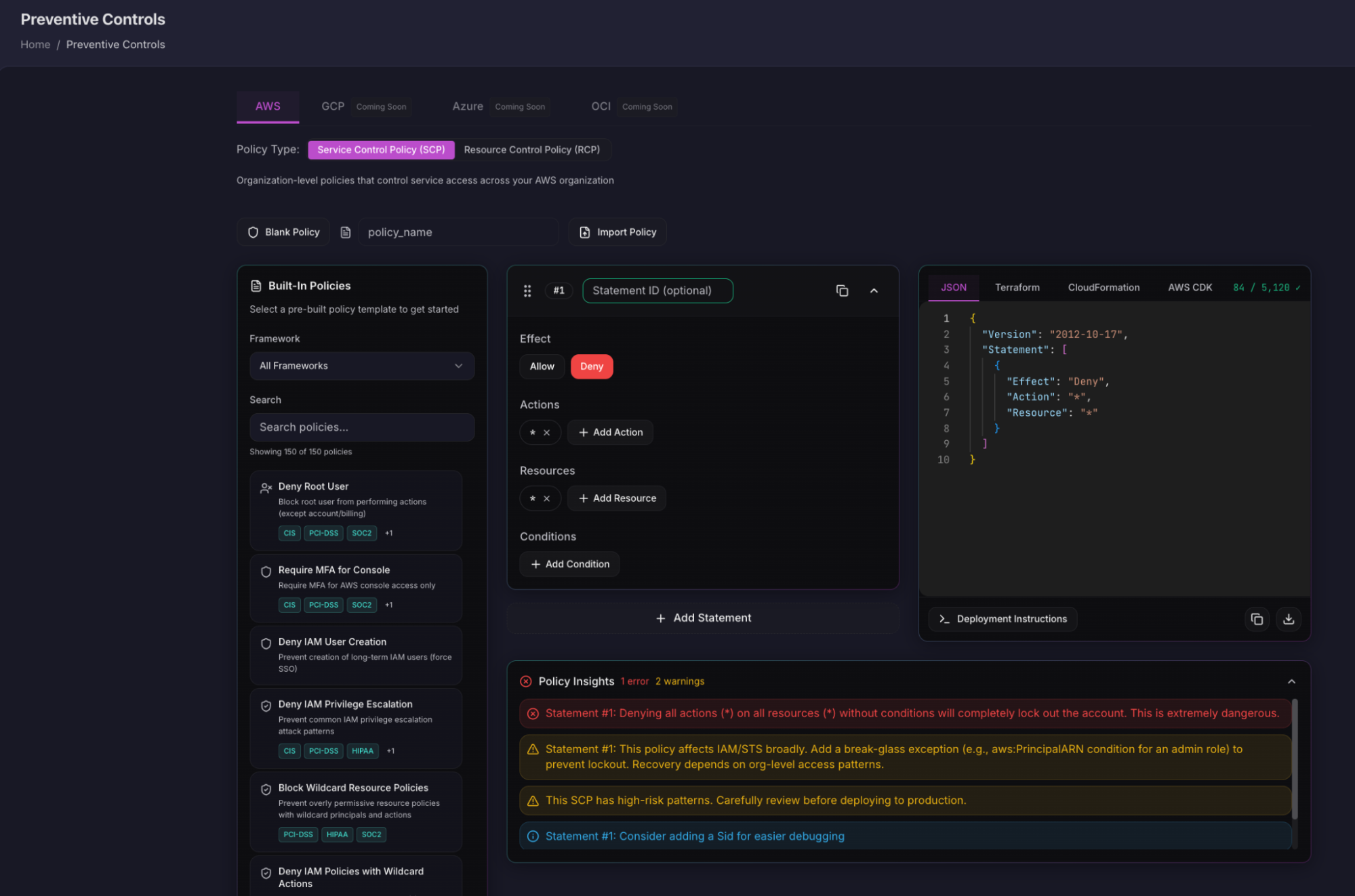 Firefly Preventive Controls page showing an SCP builder with built-in deny policies and a Policy Insights panel warning that the deny-all statement could lock out the entire account