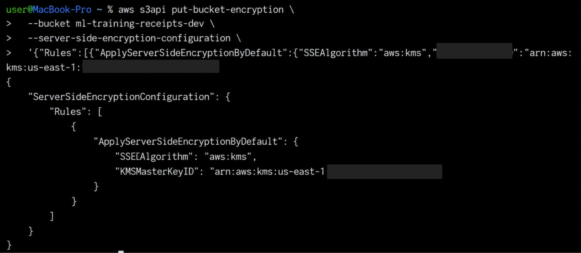 Terminal showing an AWS S3 CLI command applying KMS server-side encryption to an ml-training-receipts-dev bucket