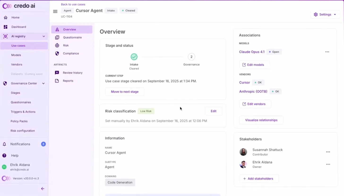 Credo AI registry record for Cursor Agent showing intake cleared status, low risk classification, Claude Opus 4.1 model association and vendor links for Cursor and Anthropic