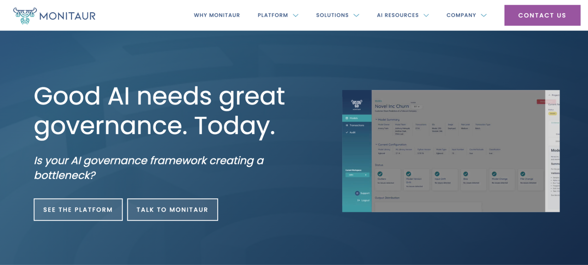Monitaur AI governance website with Good AI Needs Great Governance headline and a preview of the model governance workflow interface