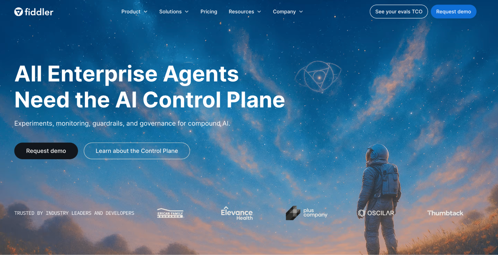 Fiddler AI website with All Enterprise Agents Need the AI Control Plane headline and industry customer logos including Elevance Health and OSCILAR