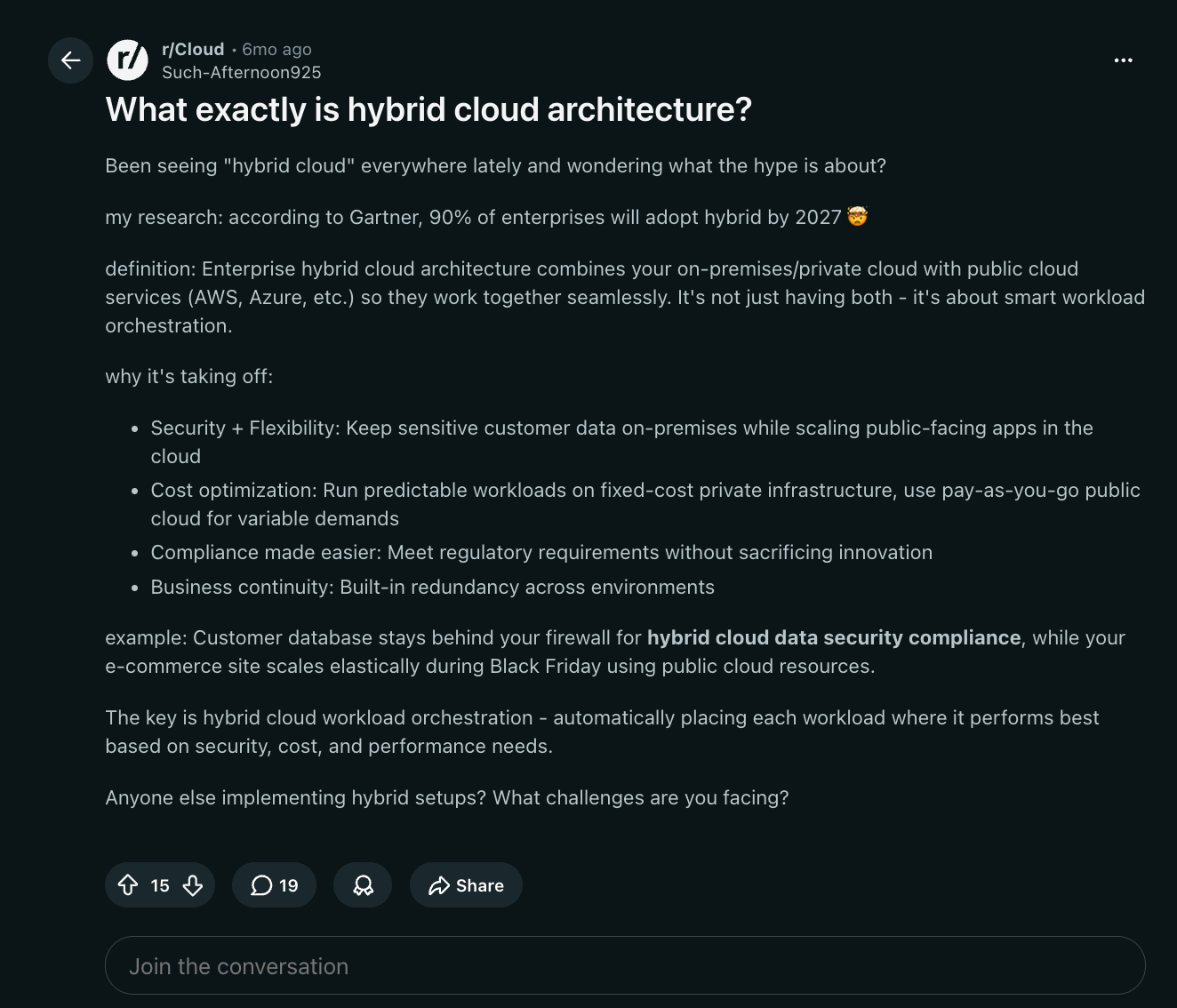 Reddit discussion thread explaining hybrid cloud architecture and how organizations combine private infrastructure with public cloud services.