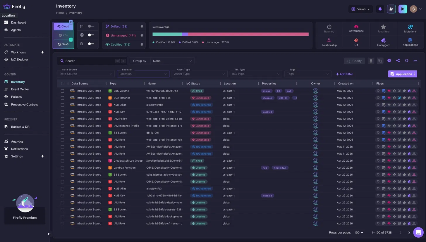 Firefly inventory view showing cloud resources across environments with IaC status classifications including managed, unmanaged, and drifted assets.