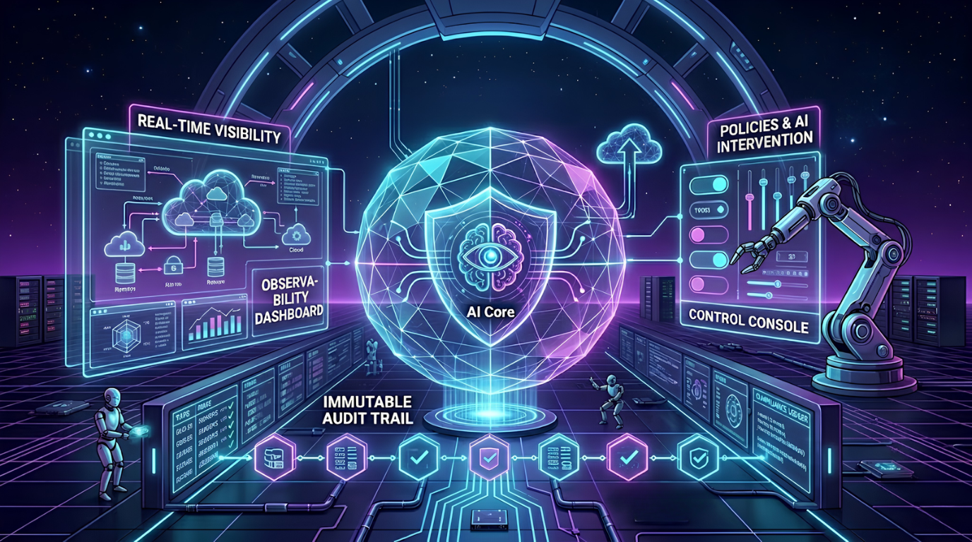 Illustration of an AI governance core connecting real-time visibility, policy control, and an immutable audit trail across cloud operations.