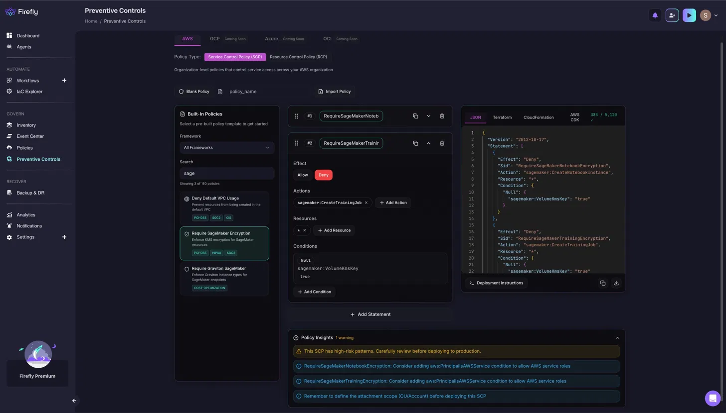 Firefly Preventive Controls editor showing a SageMaker encryption SCP with Deny statements and automated Policy Insights warnings.