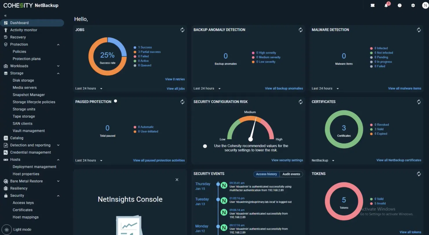 Cohesity NetBackup dashboard showing security risk and anomaly detection panels