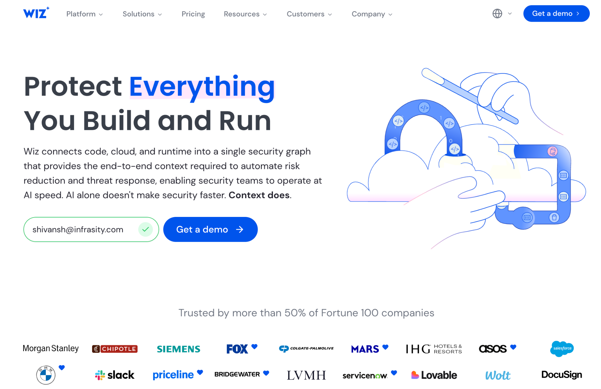 Wiz homepage: Protect everything you build and run