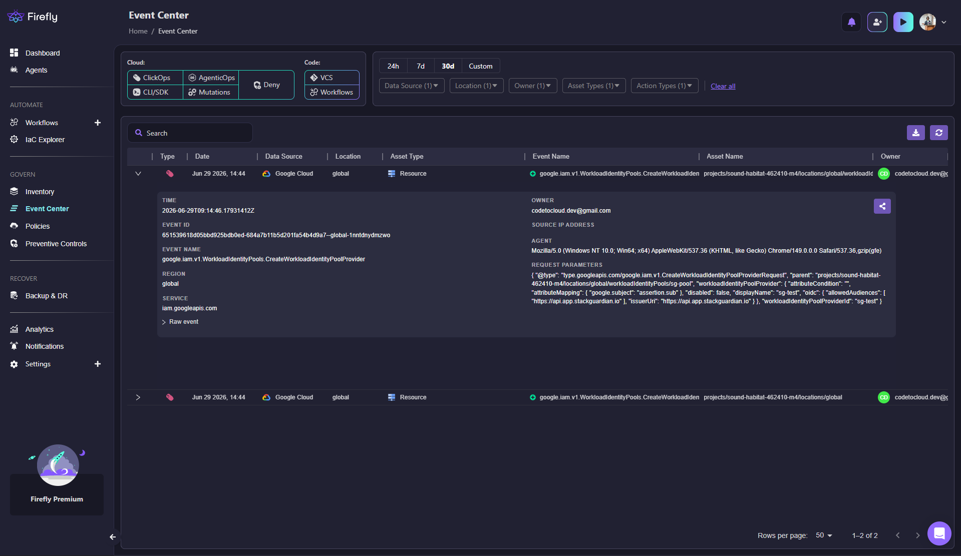 Screenshot of Firefly's Event Center displaying a Google Cloud IAM workload identity pool event