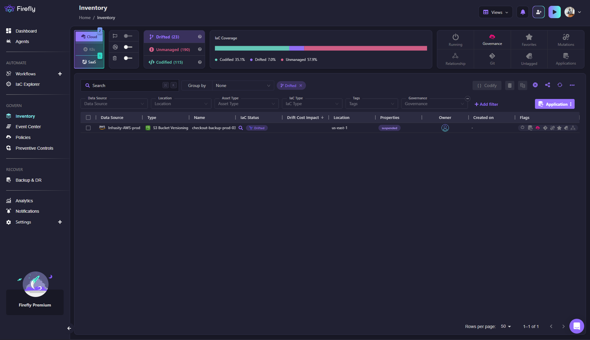 Screenshot of Firefly's inventory table filtered to show a drifted S3 bucket versioning resource