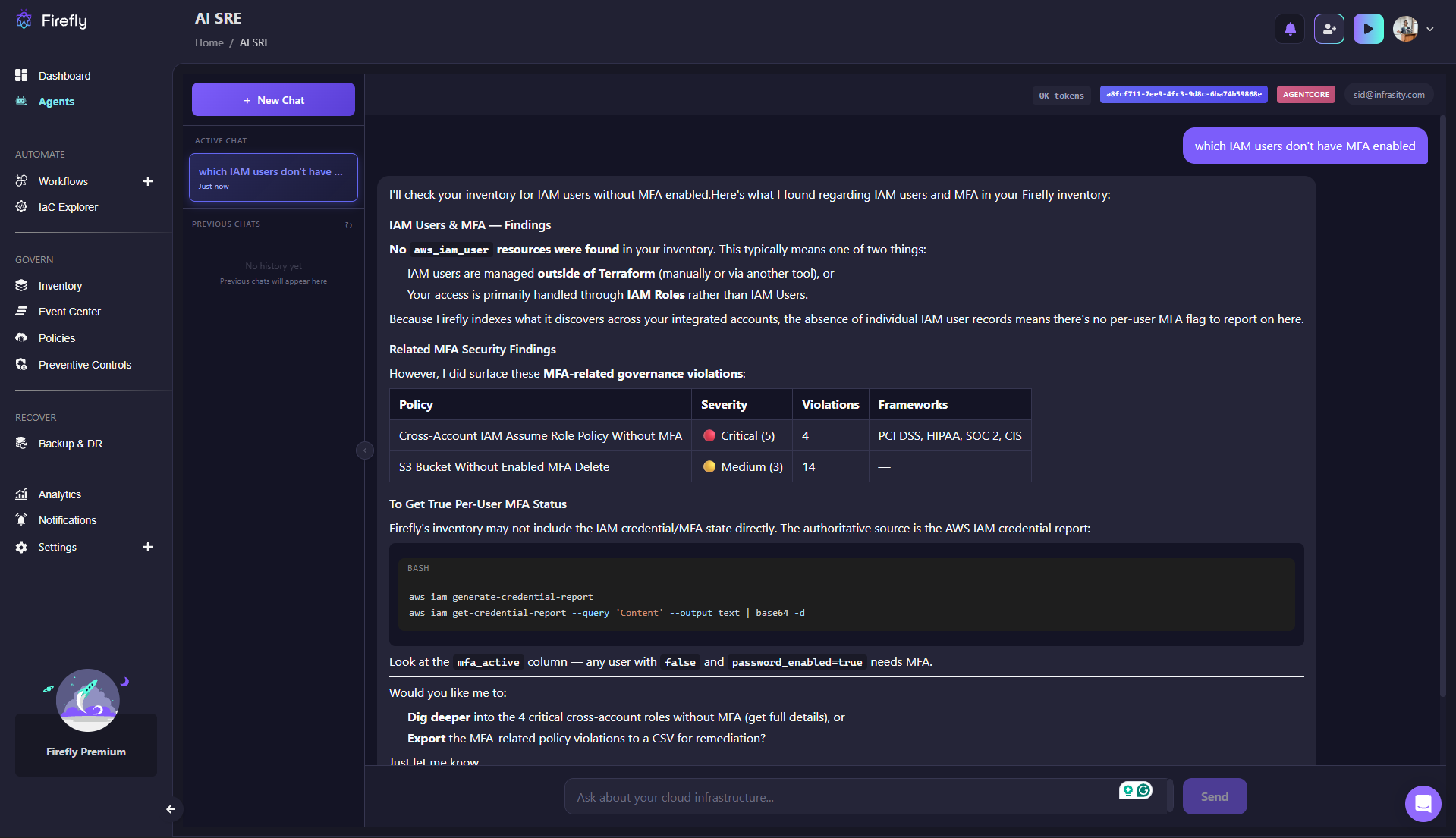 Screenshot of Firefly's Thinkerbell AI assistant answering a question about IAM users without MFA enabled