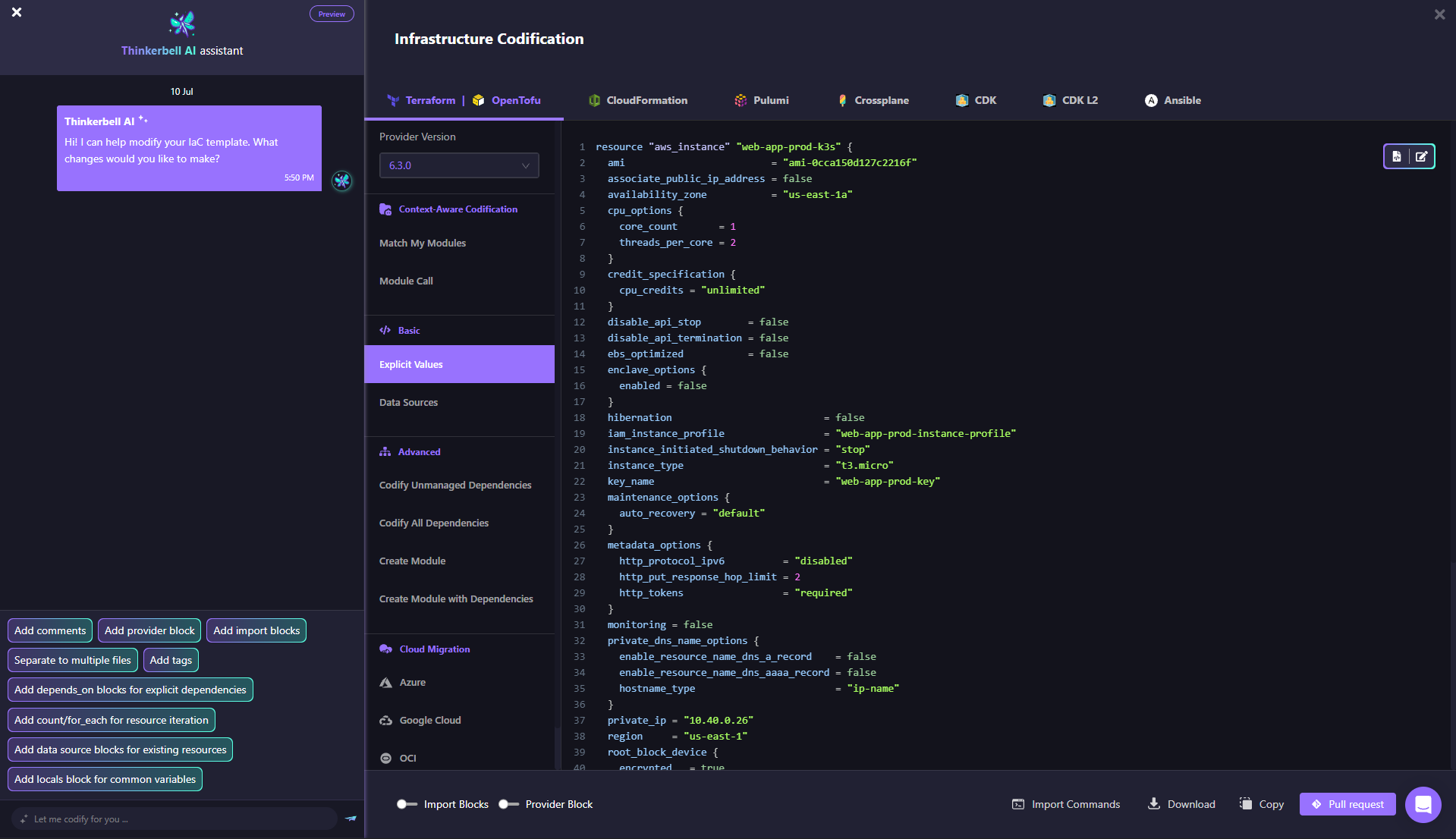 Screenshot of Firefly's Infrastructure Codification tool generating Terraform code for an AWS EC2 instance