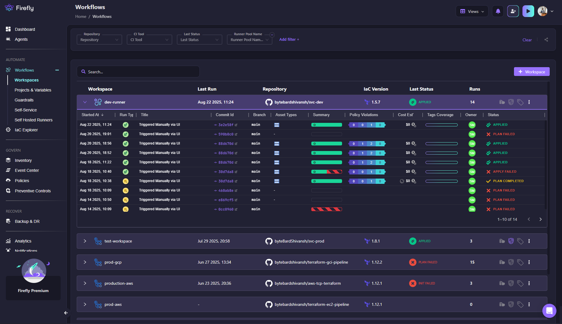 Screenshot of Firefly's Workflows dashboard listing IaC runs across multiple workspaces and clouds