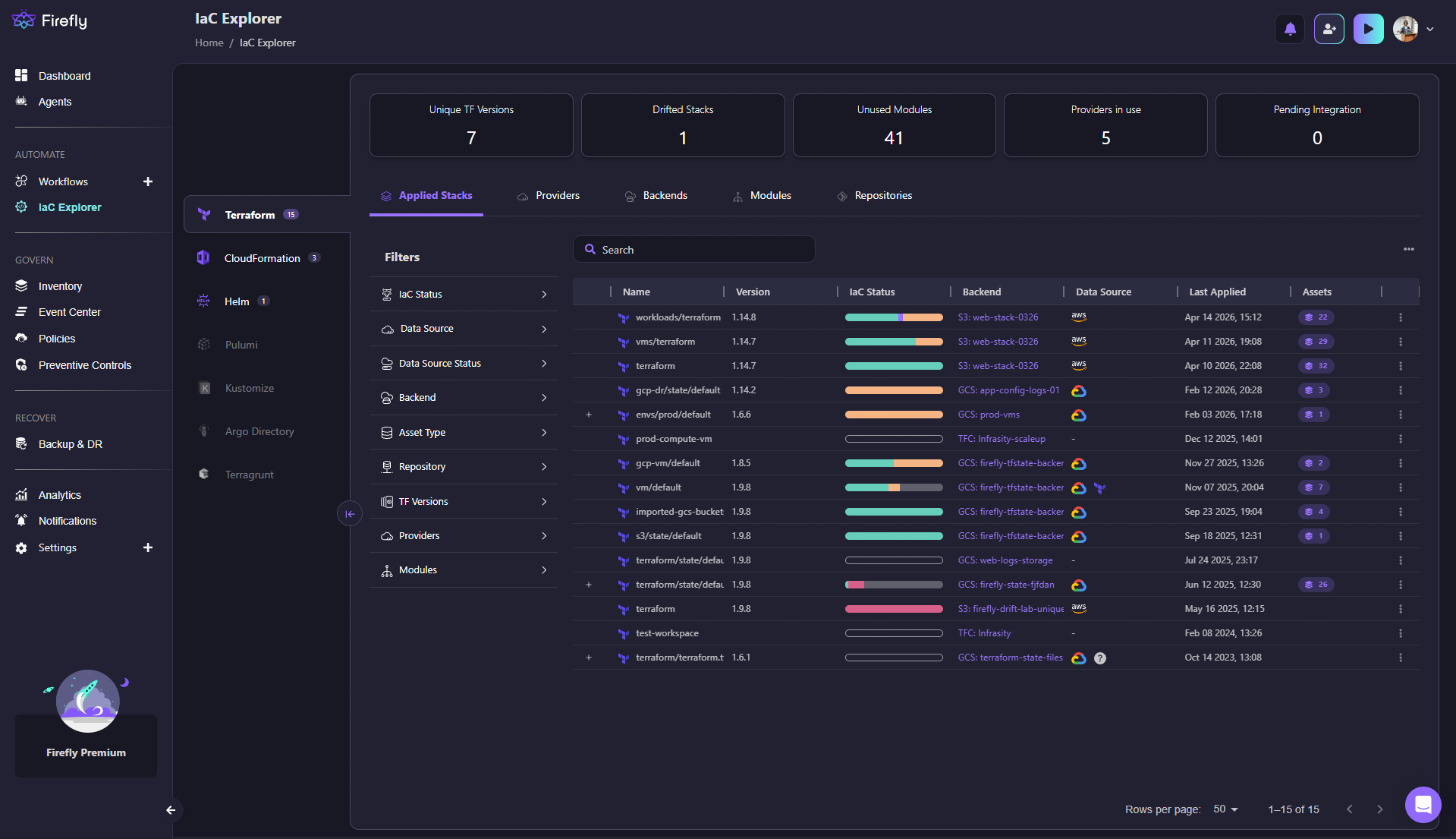 Screenshot of Firefly's IaC Explorer showing Terraform stacks, providers, backends, and modules