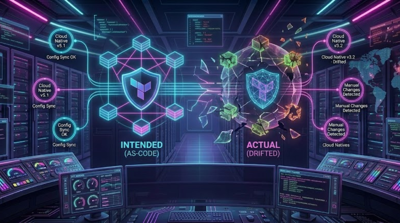Illustration contrasting intended as-code infrastructure with actual drifted infrastructure state