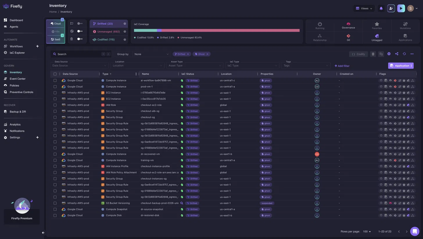 Screenshot of Firefly's inventory table filtered to show drifted resources across AWS and Google Cloud accounts