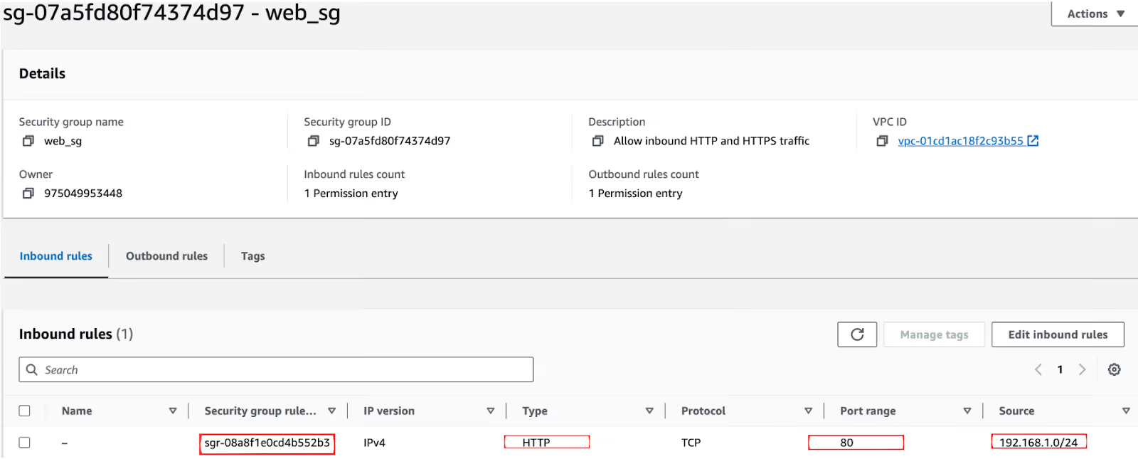 Screenshot of AWS Console showing the web_sg security group inbound rule restricted to 192.168.1.0/24