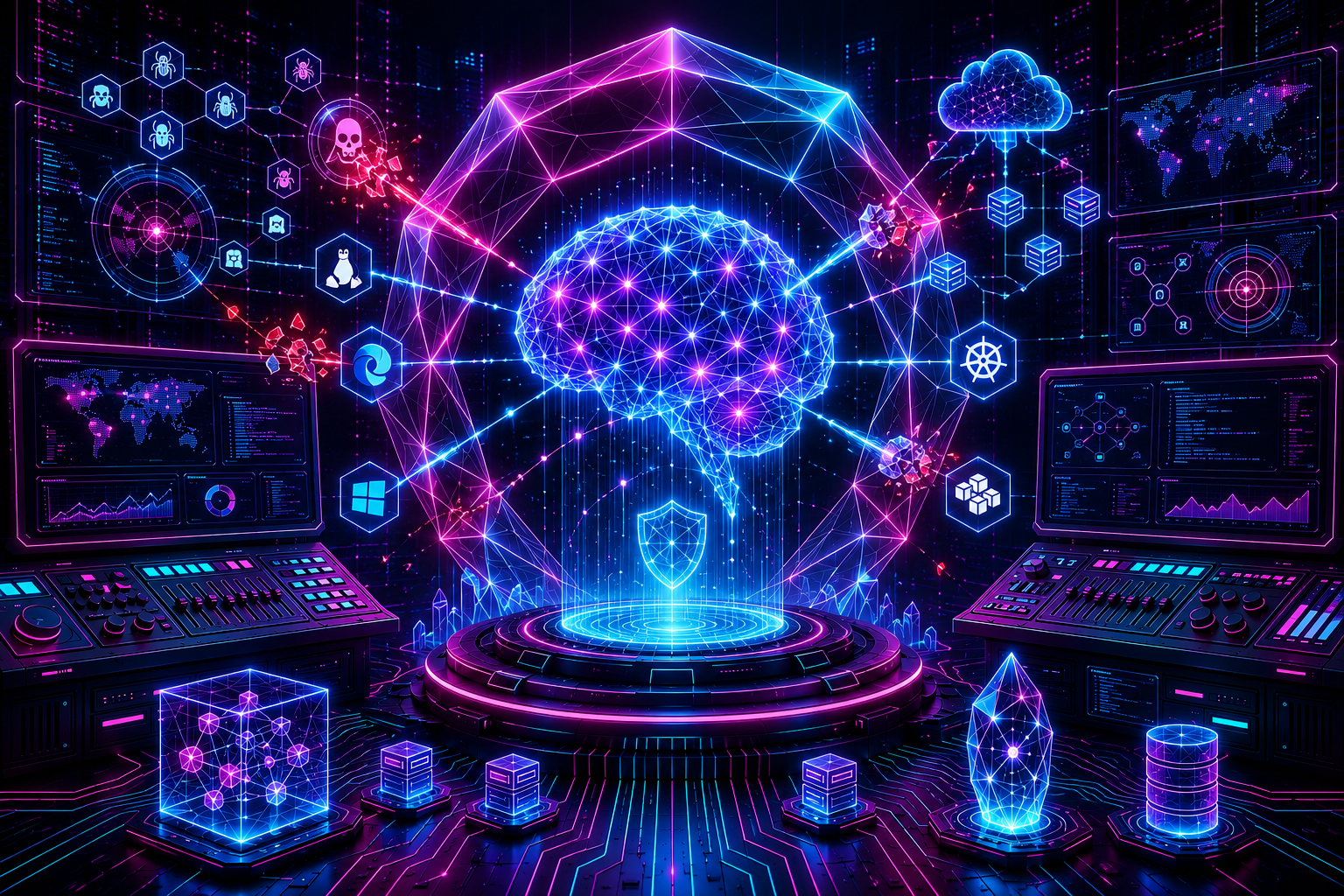 Illustration of an AI neural network at the center of interconnected operating system, browser, and cloud provider icons, representing AI-driven vulnerability discovery across enterprise infrastructure