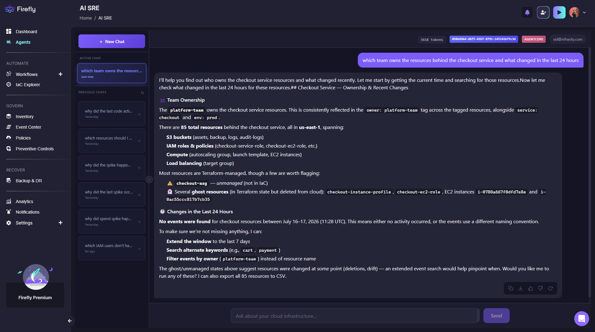 Screenshot of Firefly's AI SRE chat answering a query about which team owns the checkout service resources and whether anything changed in the last 24 hours