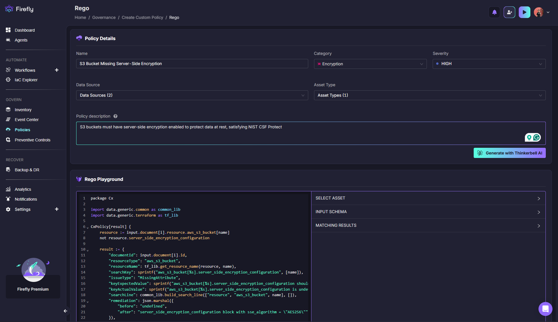 Firefly Rego Playground showing an S3 encryption policy and code editor