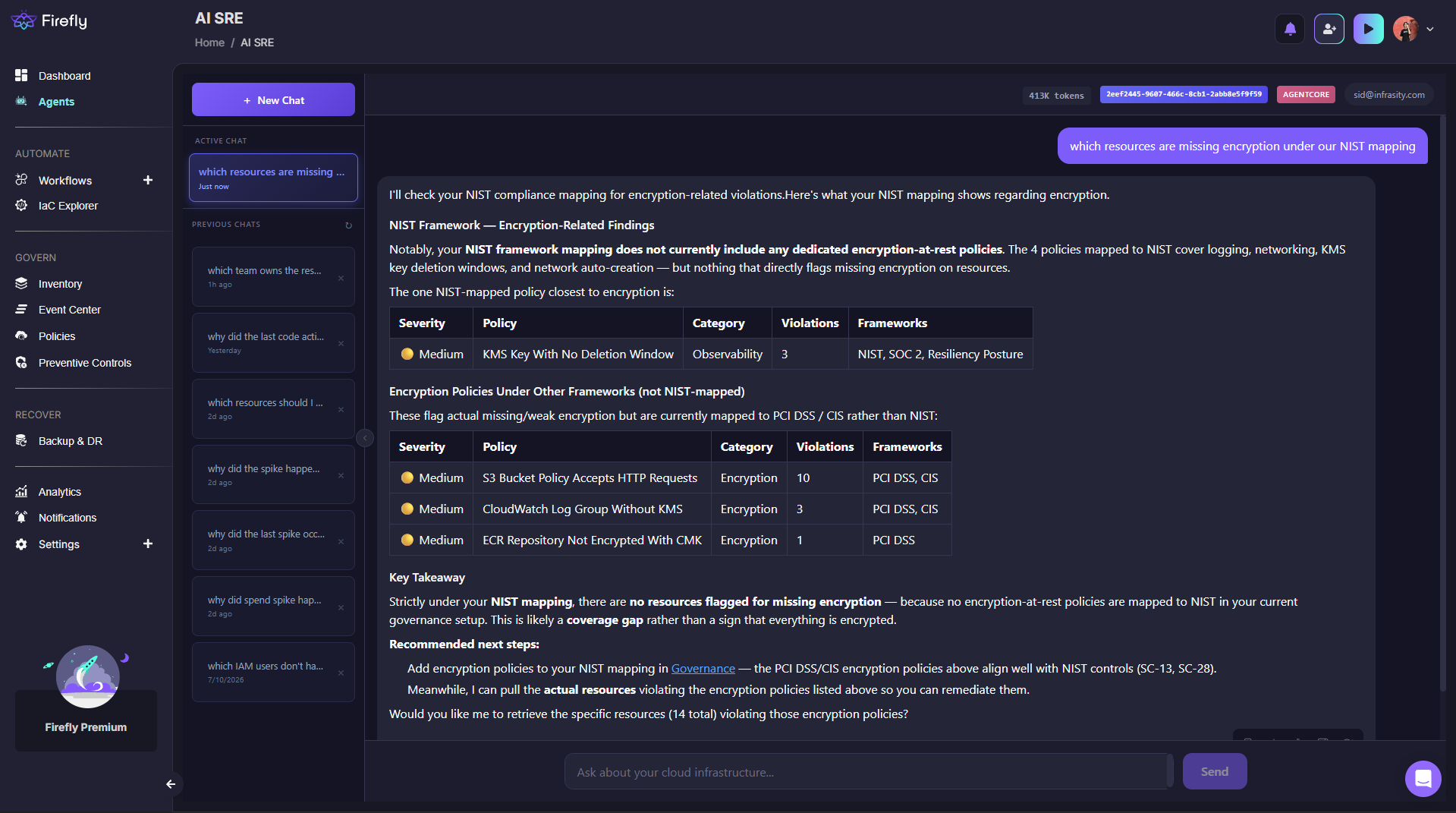 Firefly AI SRE chat listing resources missing encryption under NIST