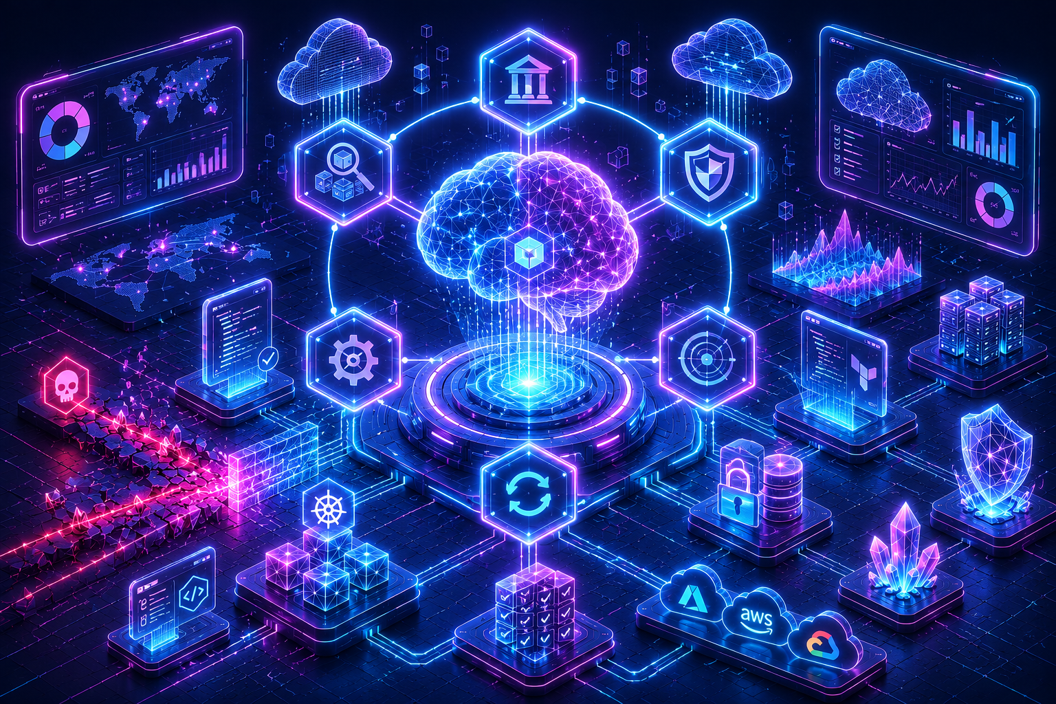AI brain connected to governance, security, and cloud icons representing governance-first cloud security