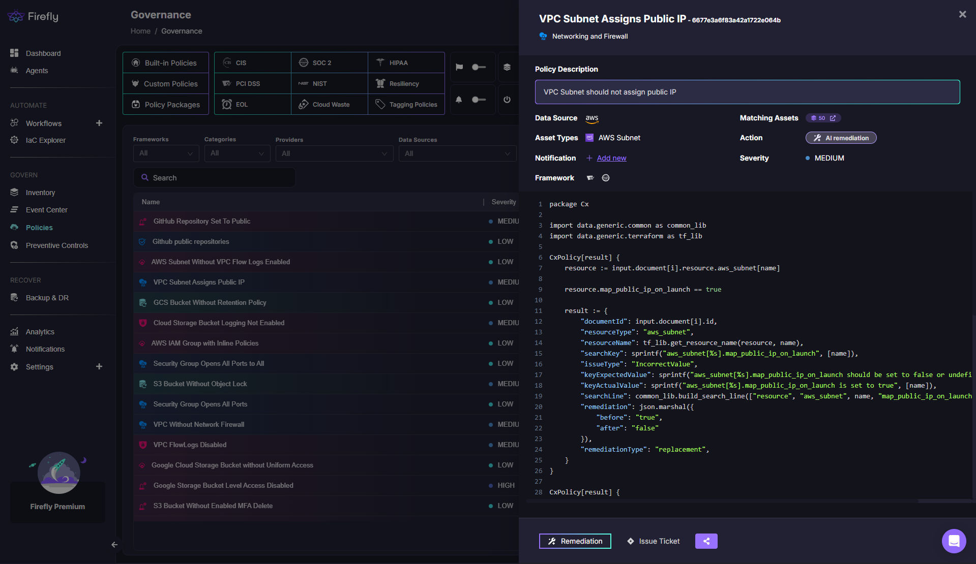 Firefly Governance dashboard showing a policy violation for a VPC subnet assigning public IPs