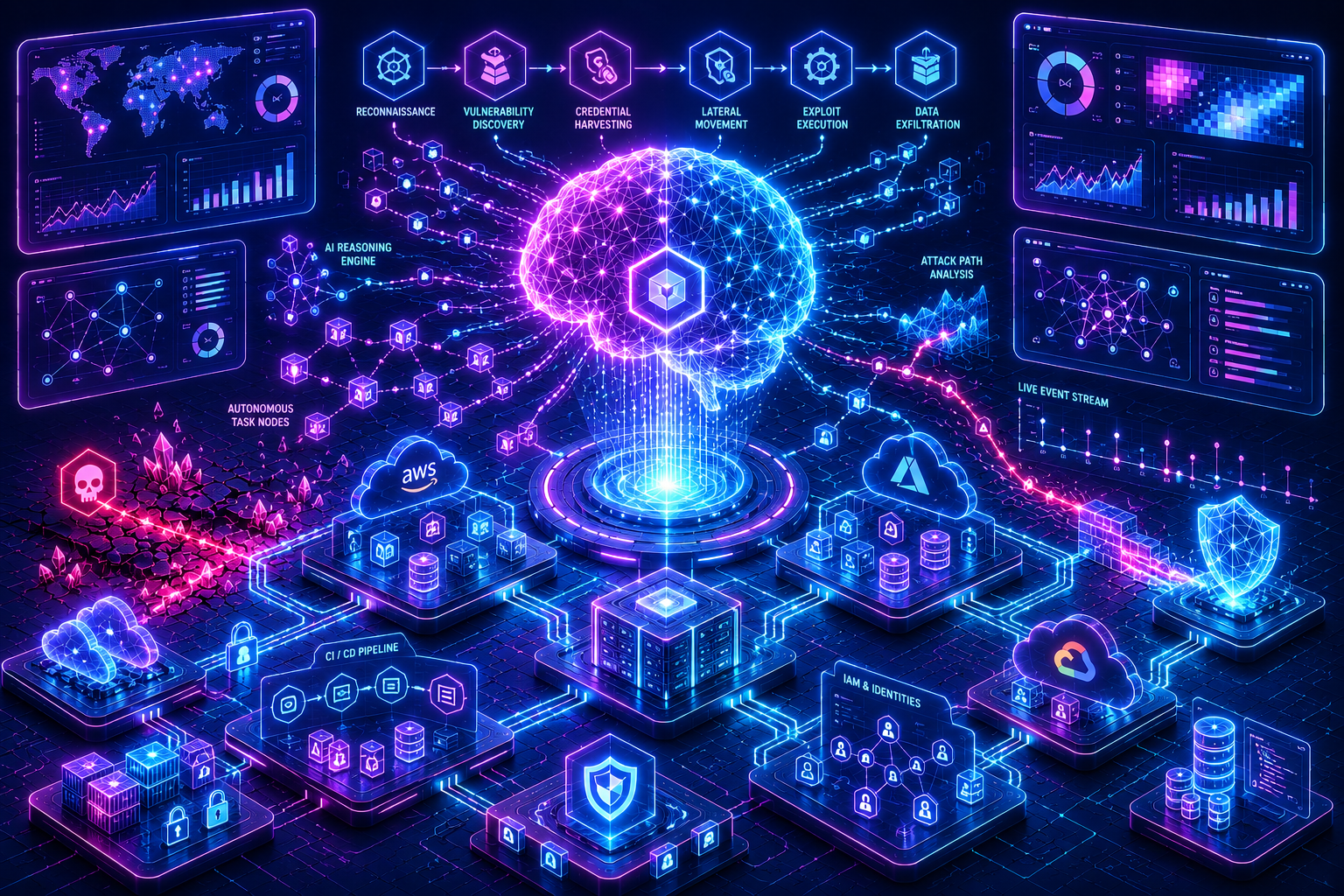 Illustration of an AI-driven cyberattack showing an autonomous reasoning engine directing reconnaissance, exploitation, and data exfiltration across cloud infrastructure