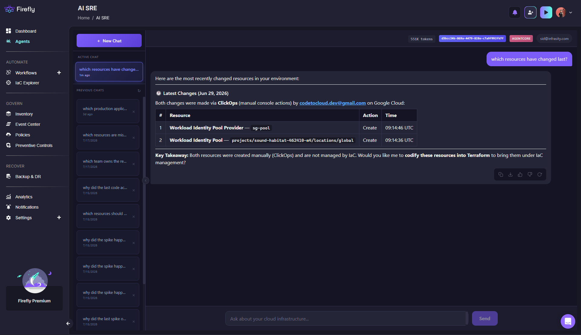 Firefly AI SRE chat interface answering a query about recently changed cloud resources and flagging unmanaged assets