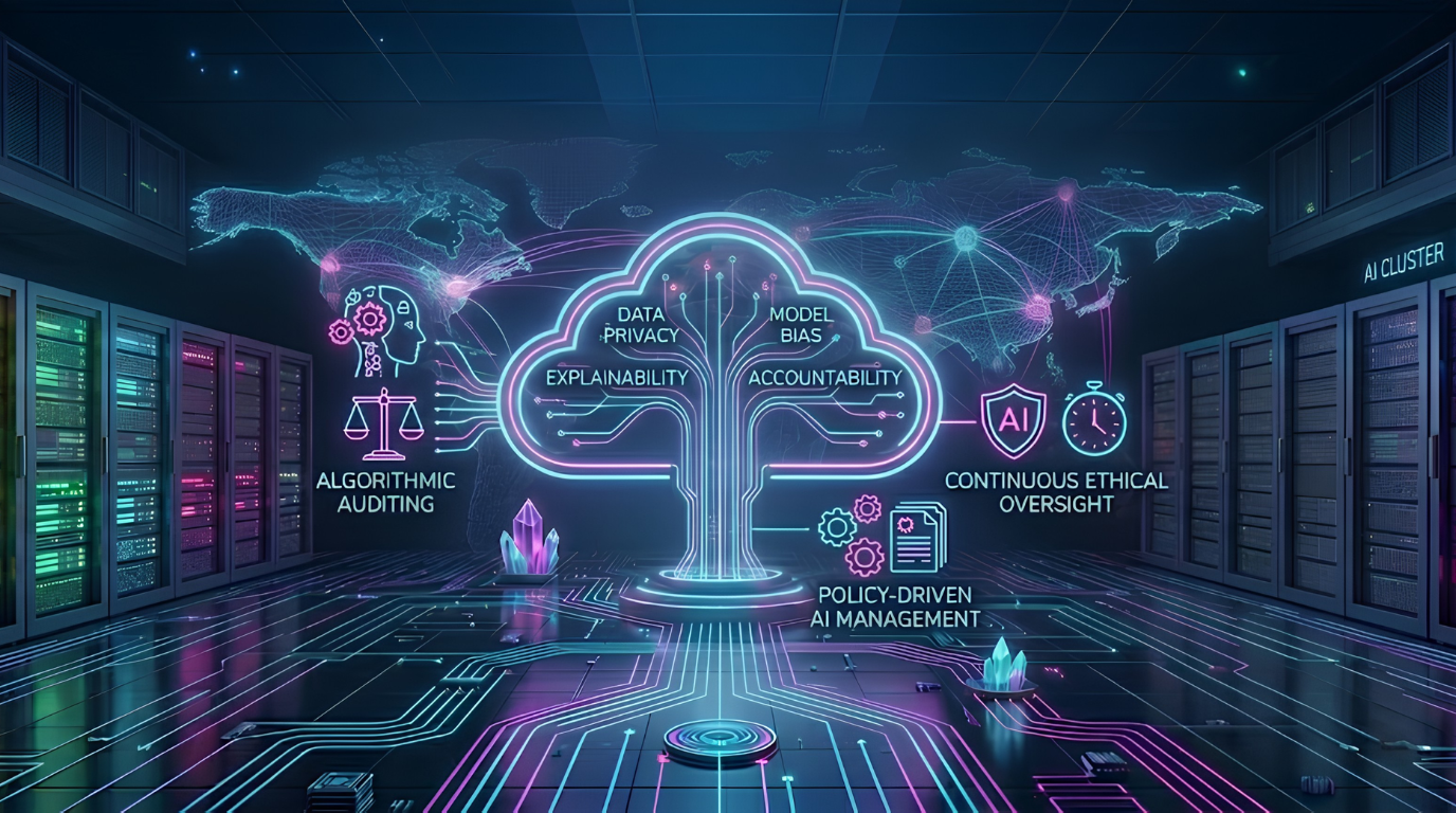 Futuristic illustration of AI governance concepts including data privacy, model bias, explainability, and policy-driven AI management displayed over a server room