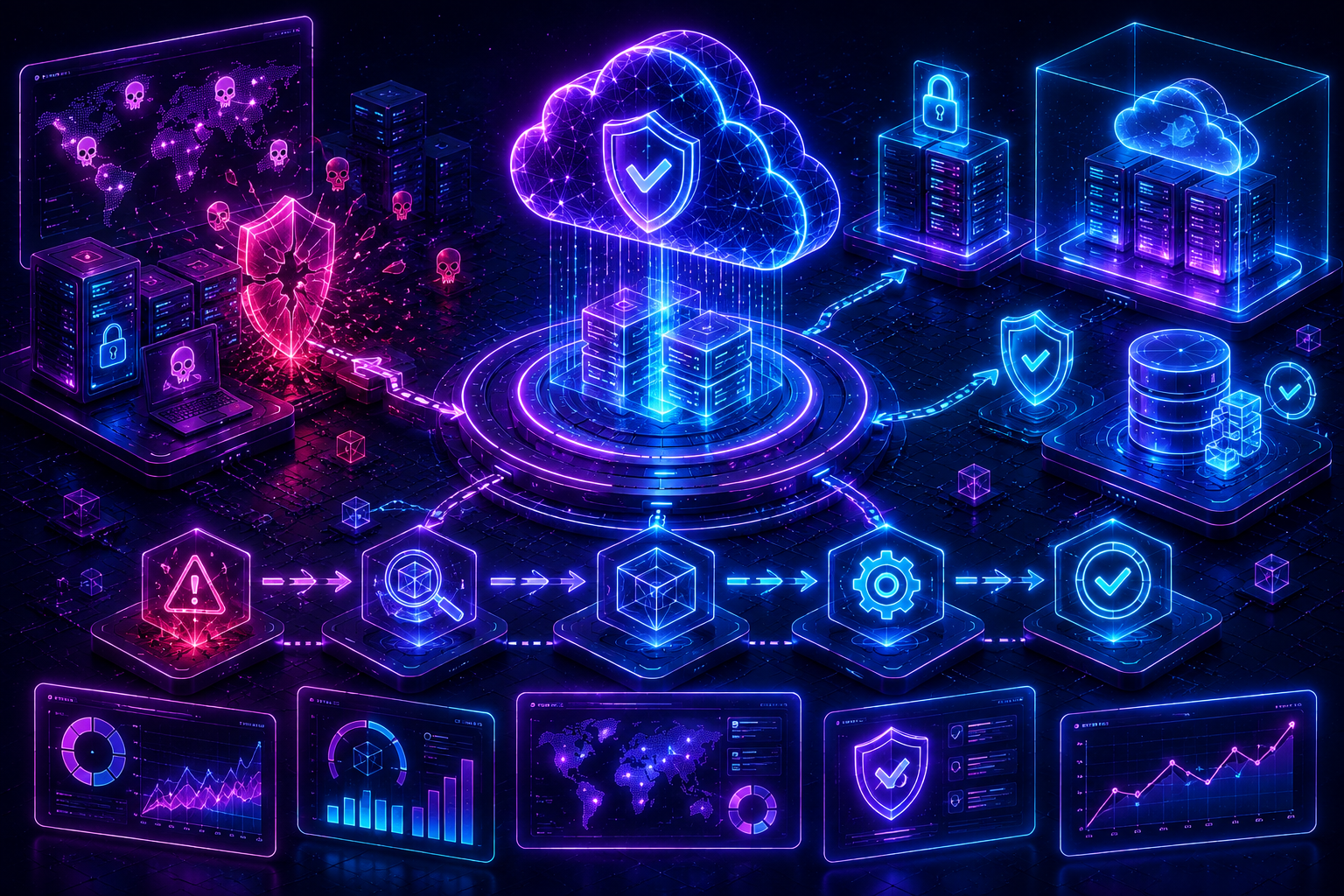 Digital illustration of cyberattack recovery showing a compromised network, a cloud security shield, and data recovery dashboards