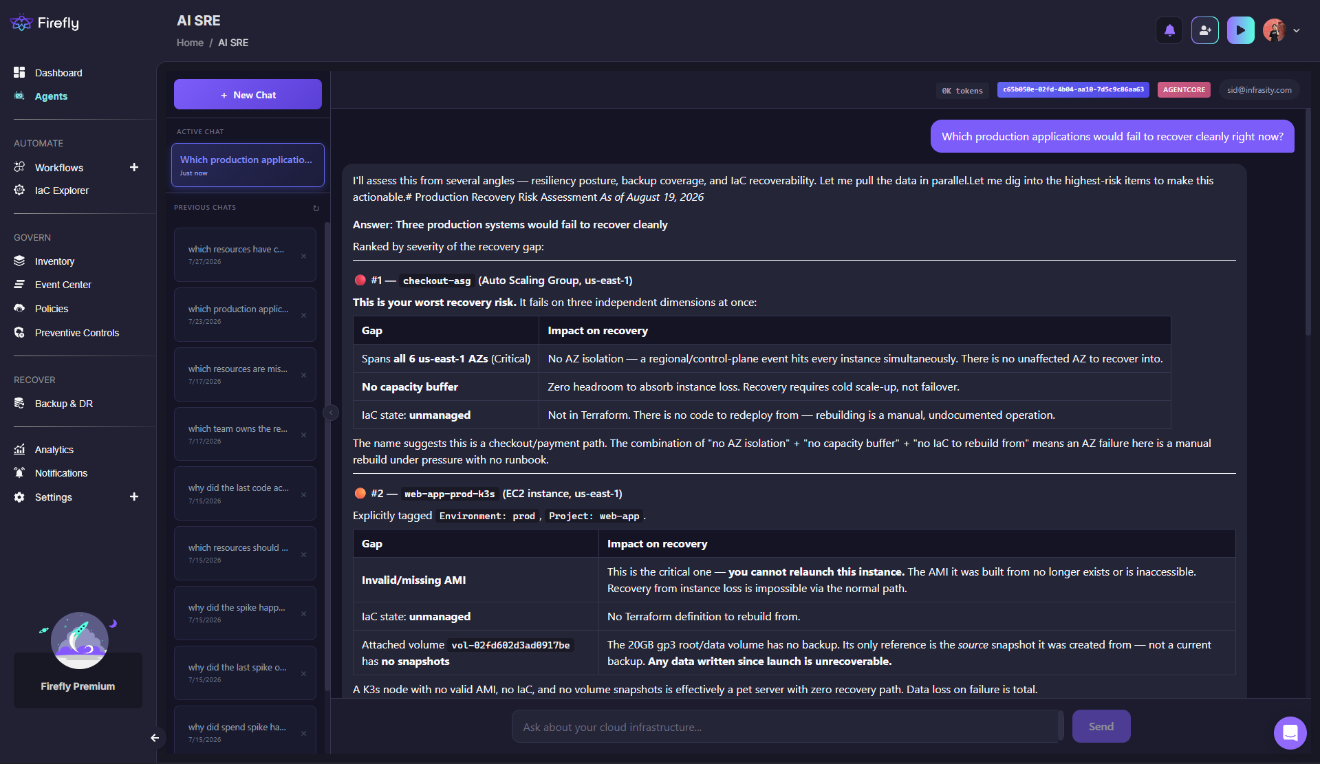 Screenshot of Firefly's AI SRE chat interface answering which production applications would fail to recover cleanly, with a ranked list of recovery risks