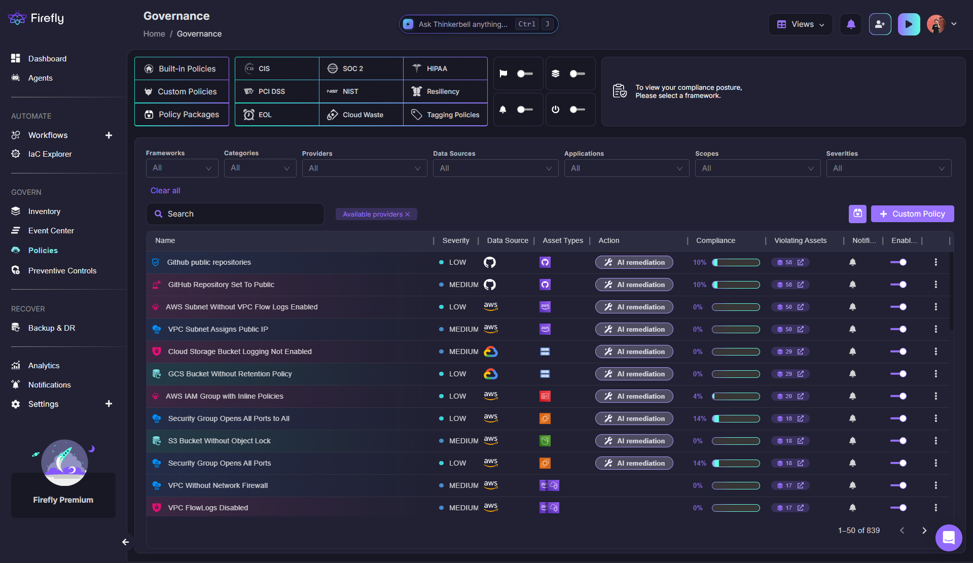 Firefly custom policy creation screen offering no-code policy and policy-as-code options