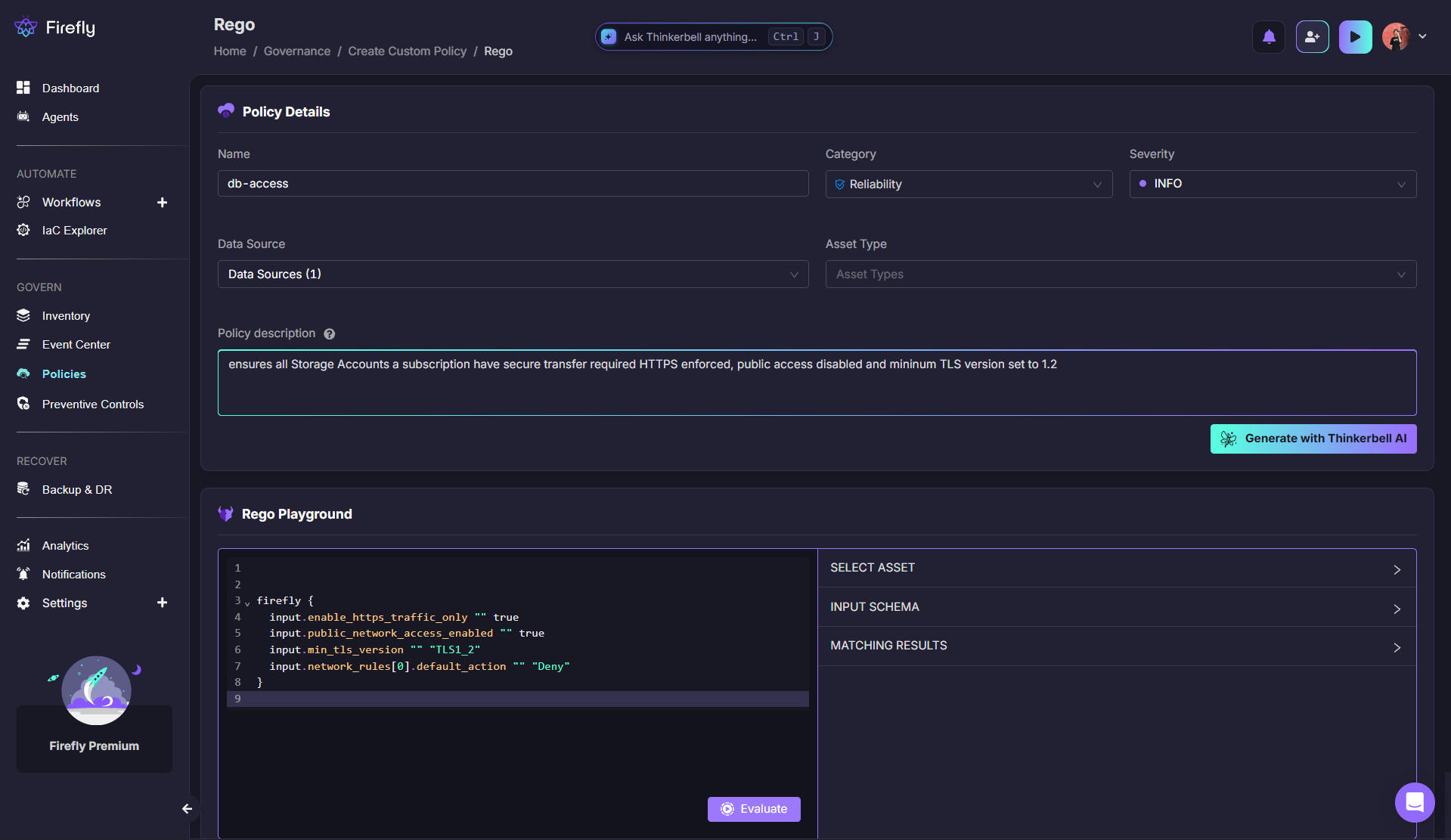 Firefly custom policy editor showing policy details, Rego Playground, and AI-assisted policy generation