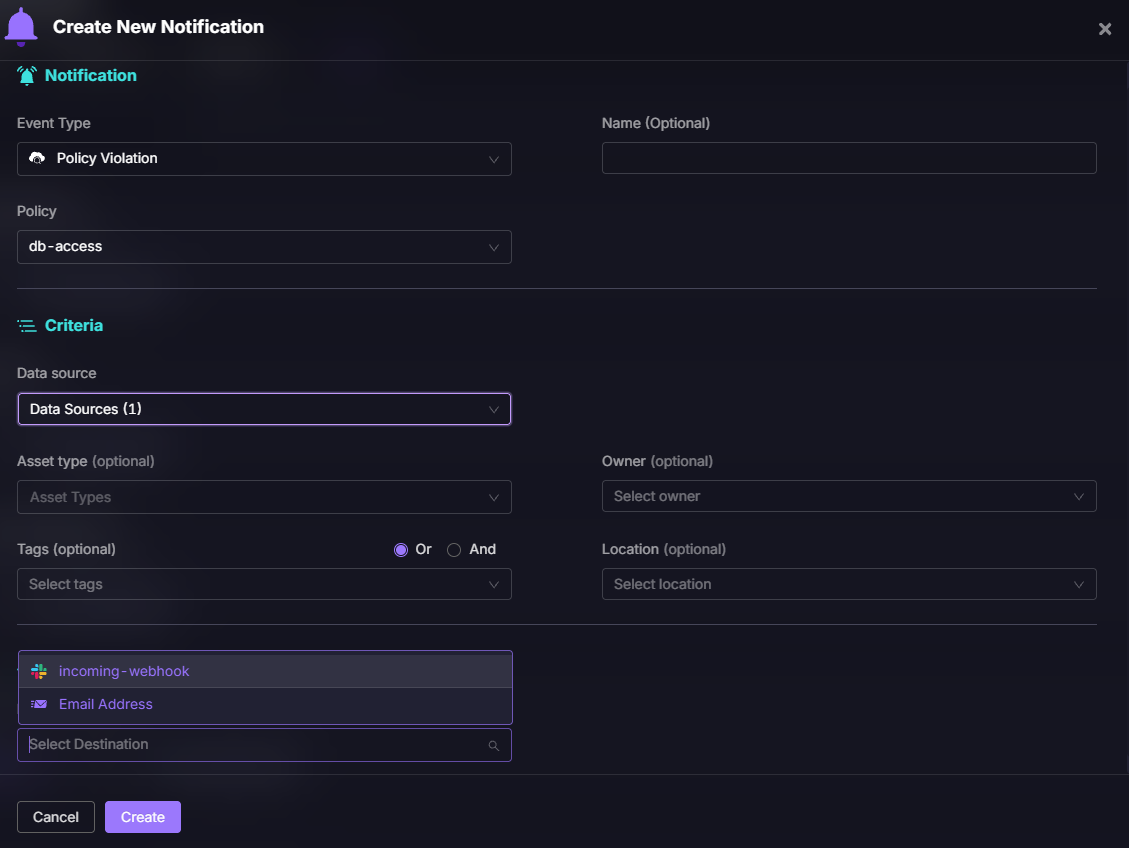 Firefly notification configuration screen for creating alerts when infrastructure policies are violated