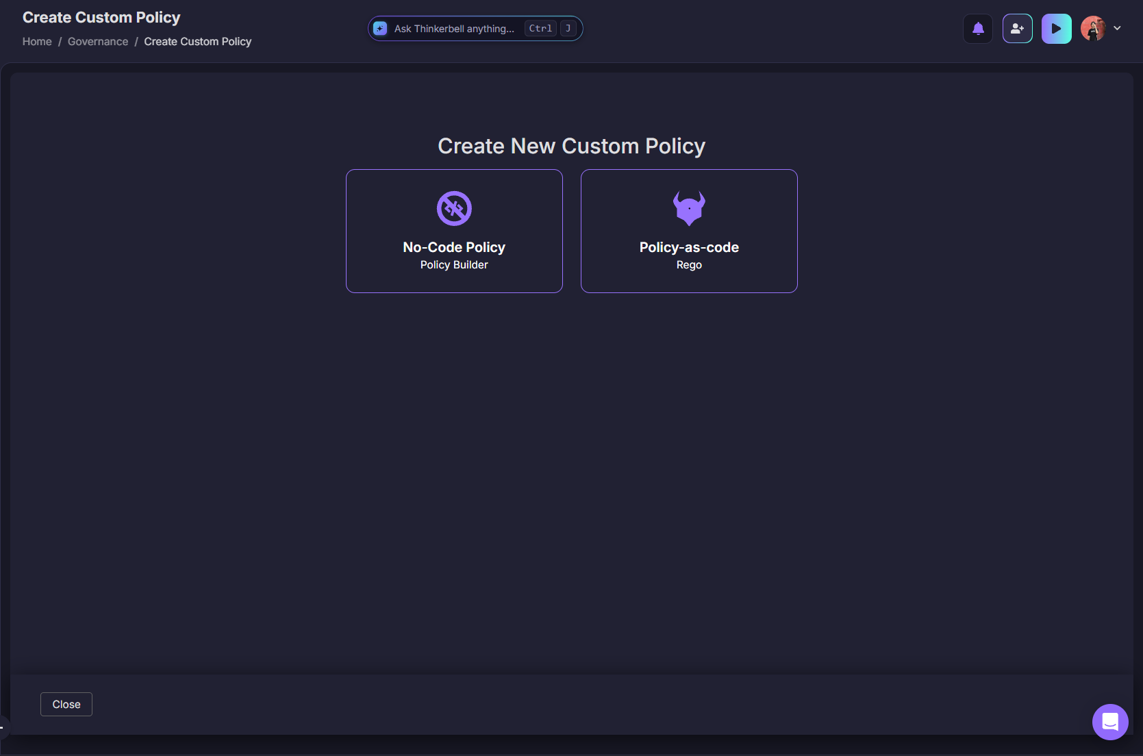 Firefly custom policy editor showing policy details, Rego Playground, and AI-assisted policy generation