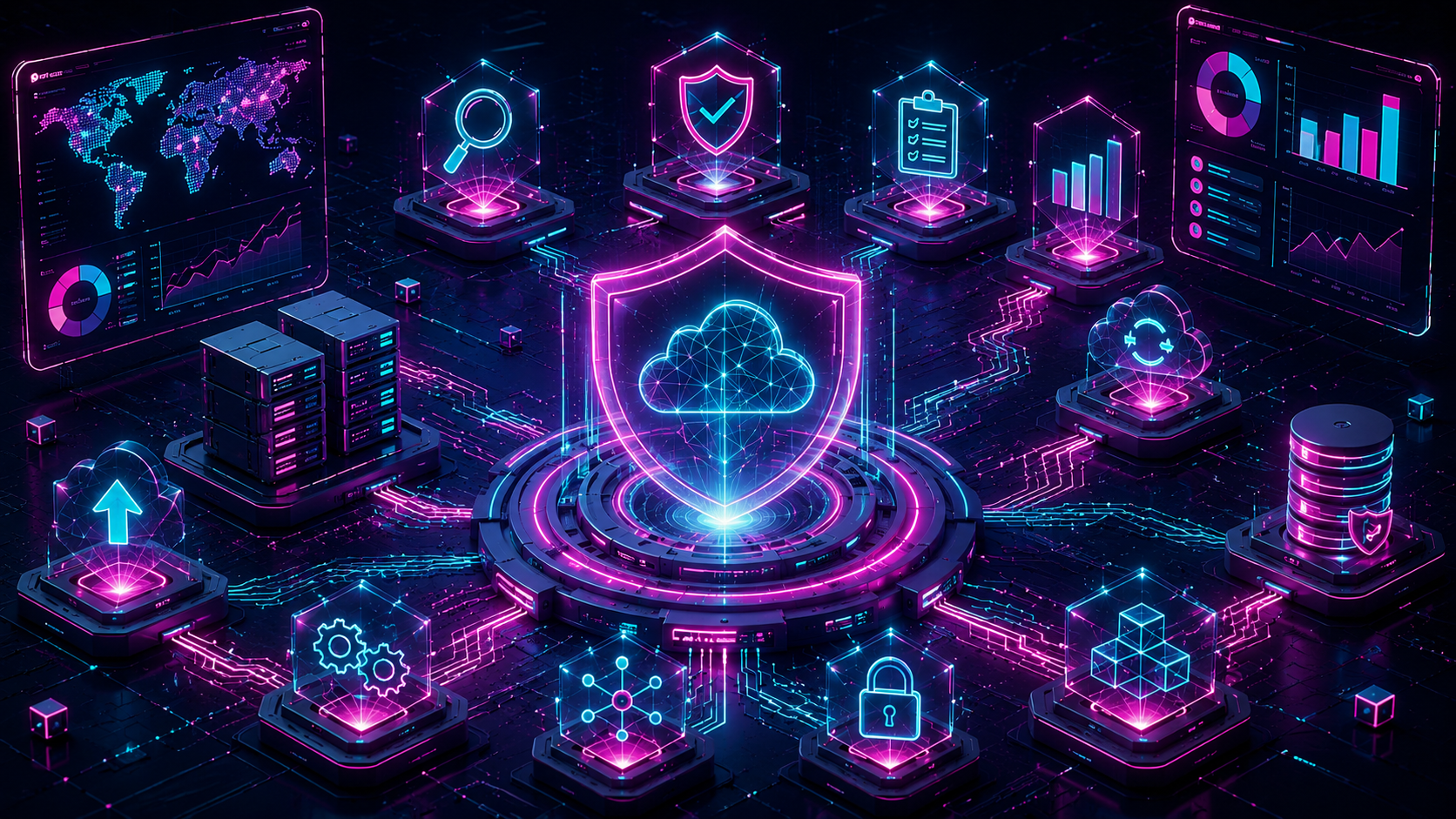 Isometric illustration of a cloud security shield connected to servers, dashboards, and compliance icons representing cyber resilience