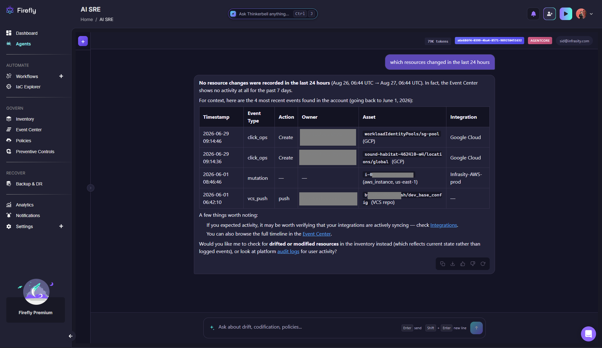 Screenshot of Firefly's AI SRE chat interface answering "which resources changed in the last 24 hours" with a table of recent Event Center activity