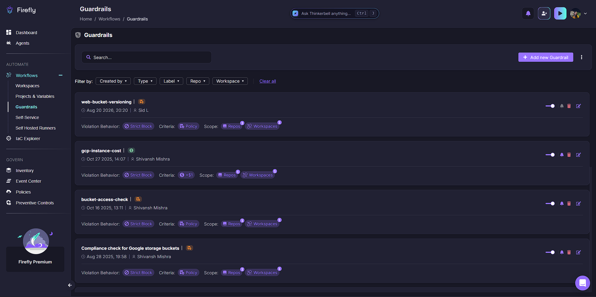 Screenshot of Firefly's Guardrails dashboard listing policy-as-code rules such as bucket access checks and GCP instance cost limits