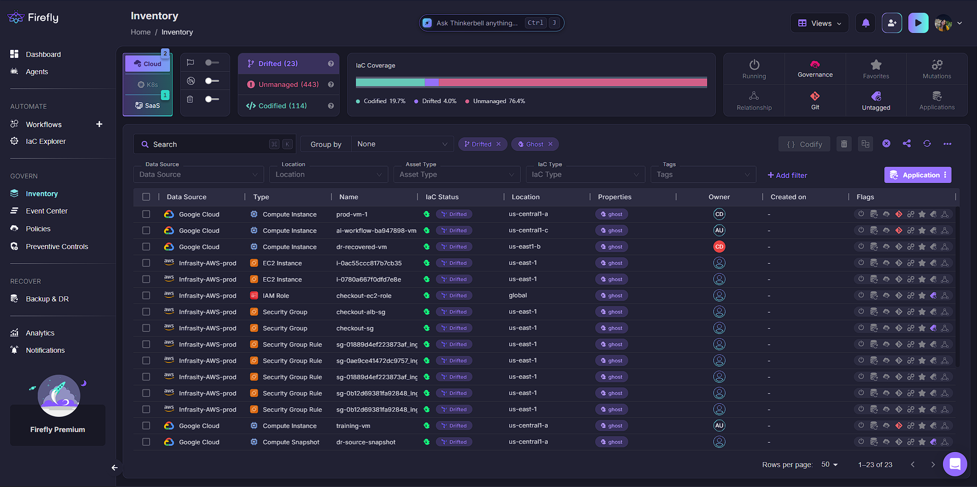 Screenshot of Firefly's Inventory view listing drifted cloud resources across Google Cloud and AWS with their IaC status and ownership