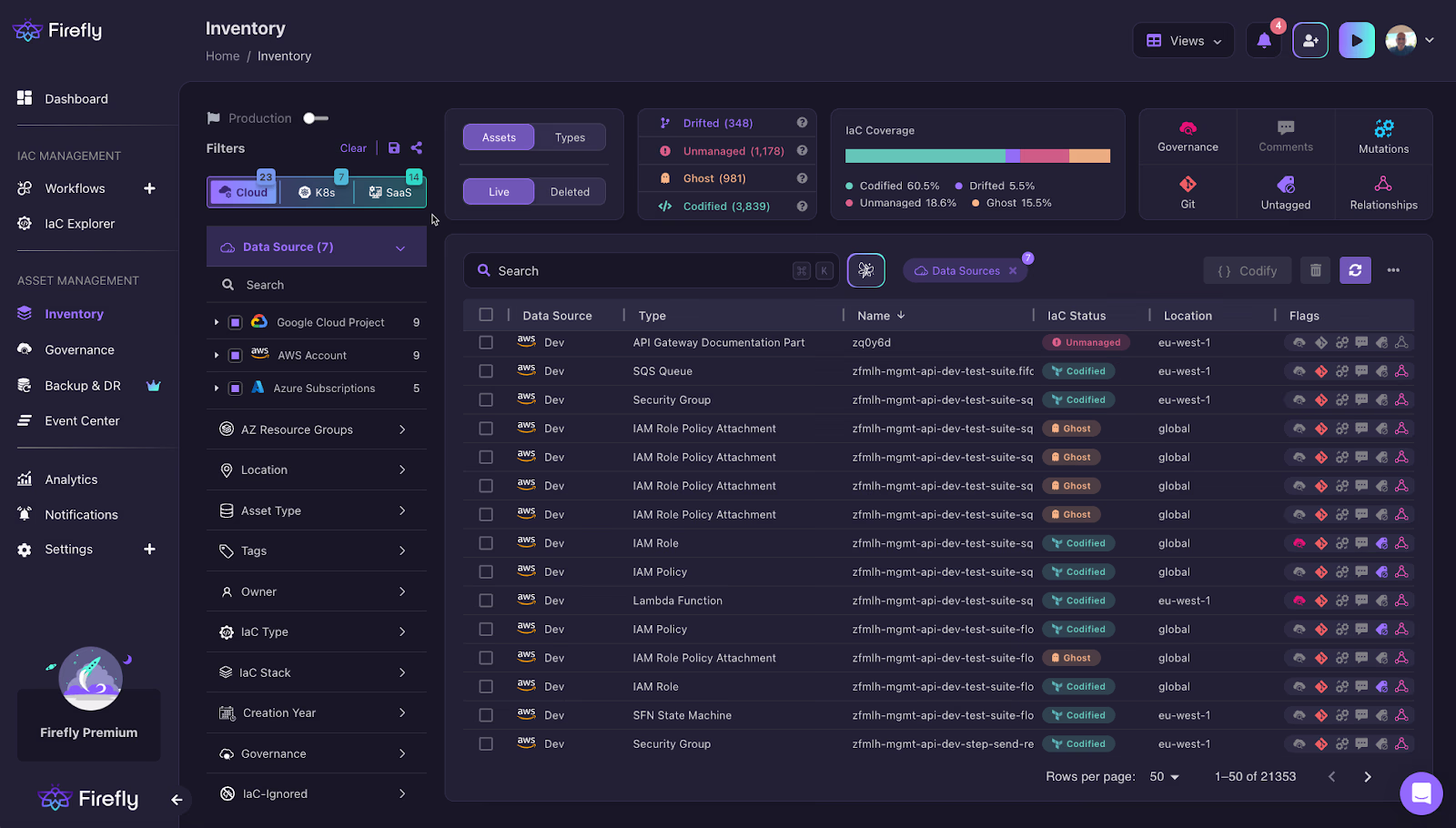 Firefly Inventory dashboard: unified asset list across GCP, AWS and Azure with filters, IaC status columns, coverage chart and governance/mutations panels