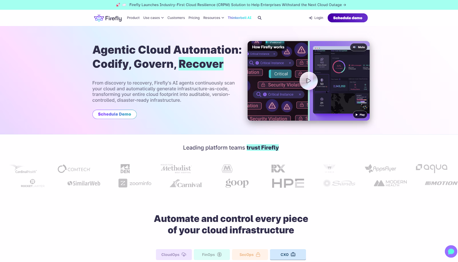 Firefly website homepage headline Agentic Cloud Automation: Codify, Govern, Recover