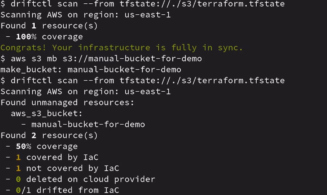 Terminal driftctl scan output detecting an unmanaged aws_s3_bucket at 50% coverage