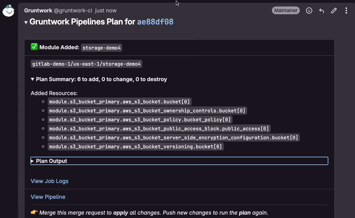 Gruntwork Pipelines plan comment showing a storage module added with six S3 bucket resources