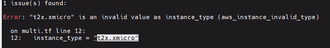 Terminal TFLint output flagging an invalid instance_type value t2x.xmicro in a Terraform file