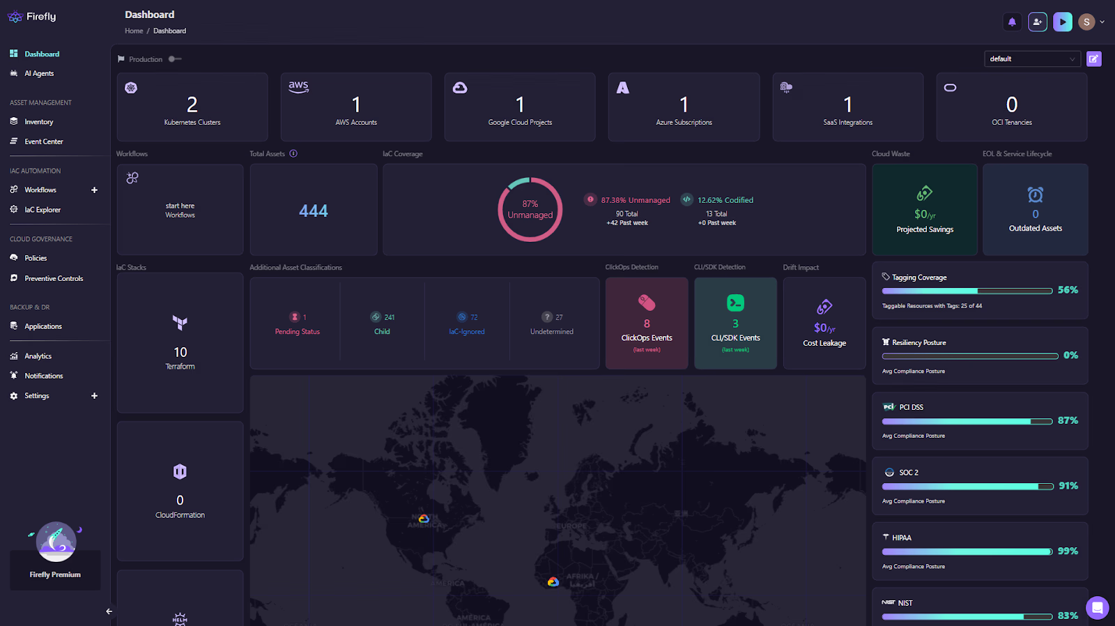 Firefly dashboard illustrating unified cloud operations with asset counts, IaC coverage and drift detection